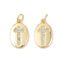 Настоящее золото 18K Латунные микро проложить кубического циркония подвески, овальные с крестом, без кадмия и без свинца, стойки покрытие, долговечный, с целью перехода в кольце, реальный 18 k позолоченный, 16.5x10x2 мм, отверстие : 3.4 мм