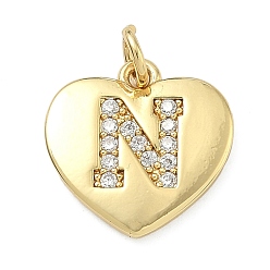 Letter N Латунные микропаве прозрачные подвески с фианитом, сердце прелести, без кадмия и без свинца, стойки покрытие, долговечный, реальный 18 k позолоченный, Письмо N, 15x15x2 мм, отверстие : 3 мм