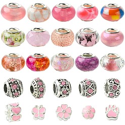 Pink 50Pcs Resin European Beads, Large Hole Beads, Rondelle, Mixed Styles, Pink, 8.5~13.5x10~14x6.5~9mm, Hole: 5~6mm