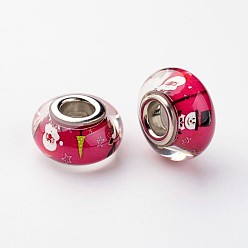 Светло-Вишневый Большое отверстие Rondelle смолы европейские шарики, с латунными двойными ядрами, платиновый оттенок, Рождество, светло-вишневый, 14x8 мм, отверстие : 5 мм