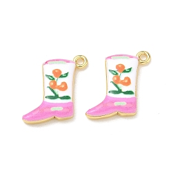 Pearl Pink Printed Brass Pendants, Cowboy Boot with Plants Charms, Rack Plating, Long-Lasting Plated, Lead Free & Cadmium Free, Real 18K Gold Plated, Pearl Pink, 19x15x3.5mm, Hole: 1.7mm