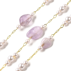 Аметист Цепочки из бусин с натуральными аметистовыми самородками ручной работы, пайки, с бусинами из АБС-пластика и фурнитурой из латуни с покрытием из стойки, долговечный, без свинца и без кадмия, с катушкой, реальный 18 k позолоченный, 7~11x6~10x4~6 мм