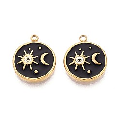 Черный 304 подвески из нержавеющей стали и эмали, круглая плоская подвеска с луной и солнцем, ионное покрытие (ip), реальный 18 k позолоченный, чёрные, 15.5x13x2 мм, отверстие : 1.5 мм