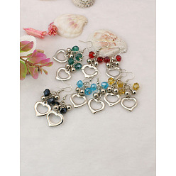 Mixed Color Fashion Glass Heart Dangle Earrings for Valentine's Day, with CCB Plastic Pendants and Brass Earring Hooks, Mixed Color, 50mm