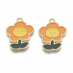 Orange Alloy Enamel Pendants, Cadmium Free & Lead Free, Flower, Light Gold, Orange, 24.5x18.5x1.5mm, Hole: 1.6mm