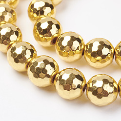 Golden Plated Non-magnetic Synthetic Hematite Bead Strands, Faceted, Round, Golden Plated, 10mm, Hole: 1.5mm, about 44~50pcs/strand, 15.2 inch~15.7 inch