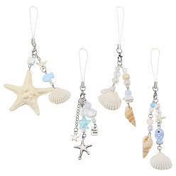 Mixed Color 4Pcs 4 Colors Ocean Theme Iron & Resin Decoration Phone Charms Straps, Starfish, Platinum, Mixed Color, 132~150mm, 1pc/style
