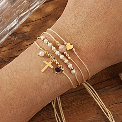 Желтая Старая Ткань  Плетеные браслеты из бисера в стиле бохо из латуни и искусственного жемчуга, регулируемые многорядные браслеты из полиэфирного шнура для женщин, сердце и крест, старое кружево, внутренний диаметр: 11 дюйм (28 см)