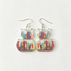 Cat Shape Printed Iron Acrylic Dangle Earrings, Book Pattern, Cat Shape, 40x30mm