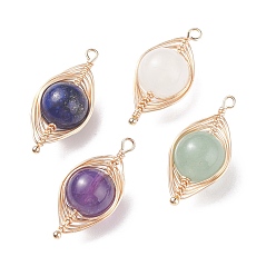 Золотой Подвески из натурального камня с медной проволокой, с латунной фурнитурой , лошадиный глаз , золотые, 26~27x11~12x10 мм, отверстие : 1.5 мм