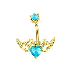 Голубой 304 изогнутые кольца для живота с подвеской из нержавеющей стали и кубическим цирконием, сердце с крыльями ангела, золотые, голубой, длина стержня: 3/8"(10мм), штифты : 1.2 мм