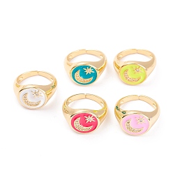Mixed Color Brass Micro Pave Clear Cubic Zirconia Cuff Rings, with Enamel, Flat Round with Star & Moon, Real 18K Gold Plated, Mixed Color, US Size 4, Inner Diameter: 15.5mm