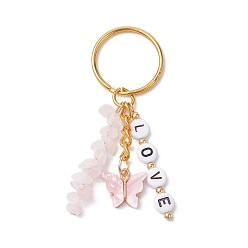 Golden Alloy Enamel Acrylic with Natural Rose Quartz Keychain, Butterfly, Word LOVE, Golden, 7.2cm