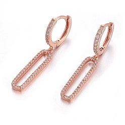 Rose Gold Brass Leverback Earrings, with Cubic Zirconia, Oval, Clear, Rose Gold, 39mm, Pin: 1mm