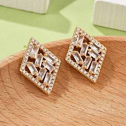 Золотой Серьги-гвоздики из латуни с микропаве из прозрачного кубического циркония в форме ромба для женщин, без кадмия и без свинца, долговечный, стойки покрытие, золотые, 19.5x14.5 мм