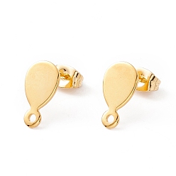 Real 24K Gold Plated 201 Stainless Steel Stud Earring Findings, with 304 Stainless Steel Pins, Horizontal Loops and Ear Nuts, Teardrop, Real 24K Gold Plated, 13x7mm, Hole: 1.4mm, Pin: 0.8mm