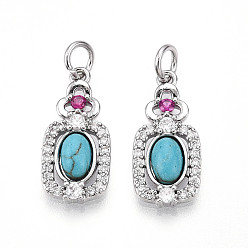 Платина Прямоугольник из синтетической бирюзы с подвесками-цветами, подвески из латуни с прозрачным и ярко-розовым кубическим цирконием, платина, 18.5x8.5x3.5 мм, отверстие : 3 мм