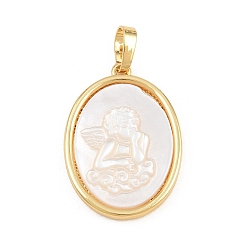 Real 18K Gold Plated Brass with White Shell Pendants, Oval with Angel Charms, Long-Lasting Plated, Lead Free & Cadmium Free, Rack Plating, Real 18K Gold Plated, 25x18x3.5mm, Hole: 6x4mm