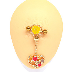 Сердце 316l хирургические соски-штанги из нержавеющей стали с кубическим цирконием, цепочка кисточка кольца для сосков, золотые, сердце, 14 мм, штифты : 1.6 мм