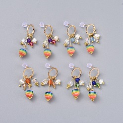 Golden Transparent Stripe Resin Beads Dangle Earrings, with Grade A Pearl Beads, Glass Beads, Natural Malaysia Jade Beads and Brass Ear Stud Findings, Golden, 32~33mm, pin: 0.7mm