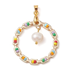 Colorful Golden Alloy Pendants, with Natural Shell & Glass Seed Beadss, Ring Charms, Colorful, 32.5x3.5mm, Hole: 4.5x4mm