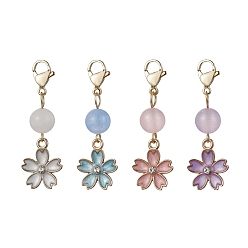 Couleur Mélangete Décorations de pendentif de fleur d'émail d'alliage, Perles de jade naturelles de Malaisie et breloques à fermoirs à pince de homard, couleur mixte, 41mm