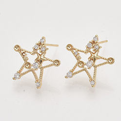 Real 18K Gold Plated Brass Micro Pave Clear Cubic Zirconia Stud Earring Findings, Rhinestone Settings, Nickel Free, Star, Real 18K Gold Plated, 16x16.5mm, Pin: 0.8mm, Fit For 1.5mm Rhinestone