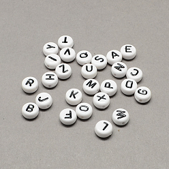 Letter White and Black Acrylic Horizontal Hole Letter Beads, Flat Round with Random Letters, Letter, 7x4mm, Hole: 1.3mm, about 3600pcs/500g