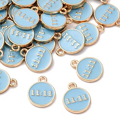 Светло-Голубой Сплав эмали прелести, золотой плоский круг с счастливым числом 11:11 талисман, Небесно-голубой, 14.5x12x2 мм, отверстие : 1.5 мм
