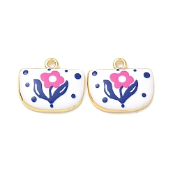 Dark Blue Printed Brass Pendants, Arch with Flower Charms, Rack Plating, Long-Lasting Plated, Lead Free & Cadmium Free, Real 18K Gold Plated, Dark Blue, 19.5x22.5x4mm, Hole: 2.5mm