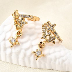 Настоящее золото 18K Латунные серьги-манжеты из прозрачного кубического циркония, с-образный со звездой, реальный 18 k позолоченный, 17x12x13.5 мм