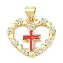Red Religion Cross Brass Micro Pave Clear Cubic Zirconia Pendants, Heart Charms with Enamel, Lead Free & Cadmium Free, Long-Lasting Plated, Rack Plating, Real 18K Gold Plated, Red, 17x20x2mm, Hole: 5x3.5mm