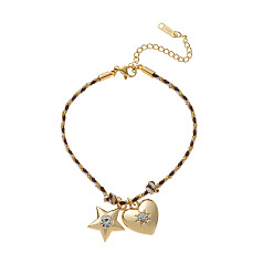 Звезда 304 браслеты с подвесками из нержавеющей стали, эмали, страз, стекла и хлопкового шнура, реальный 18 k позолоченный, звезда и сердца, 6.30 дюйм (16 см)