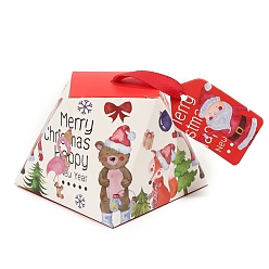 Bear Trapezoid Paper Bakery Boxes, with Ribbon, with NO Tag, for Mini Cake Cupcake Cookie Packing, Christmas Theme, Bear Pattern, 80x80mm