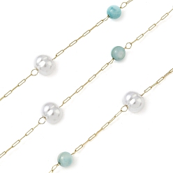 Светло-Синий 304 кабельные цепи из нержавеющей стали, с ракушкой и имитацией жемчуга из АБС, ионное покрытие (ip), реальный 18 k позолоченный, пайки, с катушкой, круглый с овалом, голубой, 5x6x5.5 мм, около 32.81 футов (10 м) / рулон