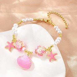 Pink Bracelets à breloques en forme d'étoile de mer, en laiton émaillé, pour femmes, bracelets ronds en ABS avec imitation perles, crémaillère plaquage, plaqué longue durée, sans cadmium et sans plomb, réel 18 k plaqué or, rose, 7.36 pouce (18.7 cm)