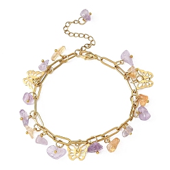 Смешанные камни 304 из нержавеющей стали шарм браслеты, браслеты-цепочки со скрепками для женщин, бабочка, с натуральным аметрином и цитриновой крошкой, 7-5/8 дюйм (19.5 см)