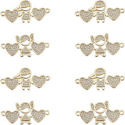 Настоящее золото 18K 8 шт. 2 соединители звеньев из латуни с микропаве из прозрачного кубического циркония, сердце с ребенком, реальный 18 k позолоченный, 14~14.5x27.5~29x2 мм, отверстие : 1.2~1.4 мм, 4 шт / стиль
