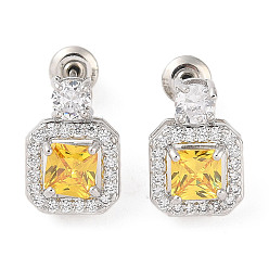 Золотистый Серьги-гвоздики из латуни с микропаве из кубического циркония, долговечный, квадратный, платина, золотые, 13.5x9.5 мм