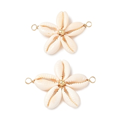 (52) Непрозрачная лаванда Натуральные смешанные подвески-соединители из ракушек каури, звезда, с латунными бусинами и медной проволокой, разноцветные, 27~30.5x37.5~40x6.5~7 мм, отверстие : 3.5 мм