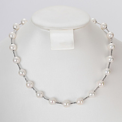 (404) Непрозрачное AB Кислое яблоко Элегантные ожерелья из круглого жемчуга и железных бусин для женщин, идеально подходит для вечеринок и мероприятий, платина, цветочный белый, 17.72 дюйм (45 см)