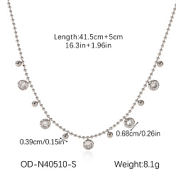 Stainless Steel Color 304 Stainless Steel Pave Clear Cubic Zirconia Pendant Necklaces, Flat Round, Stainless Steel Color, 16.34 inch(41.5cm)