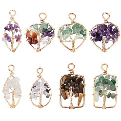 Mixed Stone 8Pcs 8 Style Natural & Synthetic Gemstone Pendants, Golden Tone Brass Wire Wrapped, Tree, Rectangle & Heart & Horse Eye & Teardrop, 1pc/style