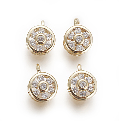 Golden Brass Micro Pave Cubic Zirconia Charms, Flat Round with Flower, Clear, Golden, 9x7x4mm, Hole: 0.8mm