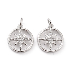 Платина Латунные микро проложить кубического циркония подвески, с прыжковых колец, долговечный, без кадмия и без свинца, плоские круглые с солнцем, платина, 12x10x2.5 мм, отверстие : 2.6 мм