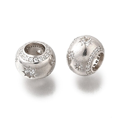 Платинированный 925 стерлингового серебра кубического циркония европейские шарики, бусины с большим отверстием, рондель с солнцем, Реальная платина, 9.5x7 мм, отверстие : 4 мм