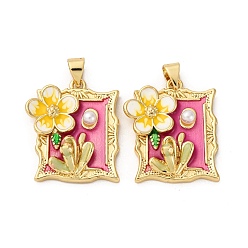 Rectangle Подвески из латуни с цветочной эмалью, с абс пластмассовой имитационной жемчужиной, без кадмия и без свинца, реальный 18 k позолоченный, стойки покрытие, долговечный, прямоугольные, 22.5x19x6.5 мм, отверстие : 3.5x5 мм