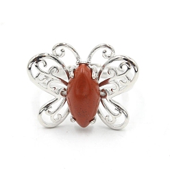 Красный Камень Регулируемые кольца из натуральной красной яшмы «конский глаз» для женщин, металлические кольца на палец в виде бабочки платинового тона, Бабочка: 20x24 mm