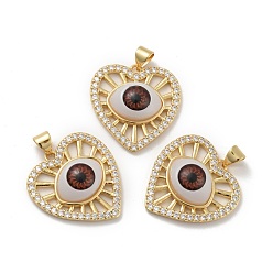Шоколадный Сердце с глазом латунные подвески из прозрачного кубического циркония с микропаве, с полимерным глазным яблоком, без кадмия, без никеля и без свинца, реальный 18 k позолоченный, цвет шоколада, 23.5x23x6.5 мм, отверстие : 3.5x4.7 мм