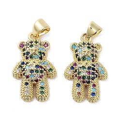 Разноцветный Покрытие стойки, подвески из латуни с микро-паве и кубическим цирконием в виде медведя, без кадмия и без свинца, долговечный, реальный 18 k позолоченный, красочный, 22x13x4.5 мм, отверстие : 3x4 мм